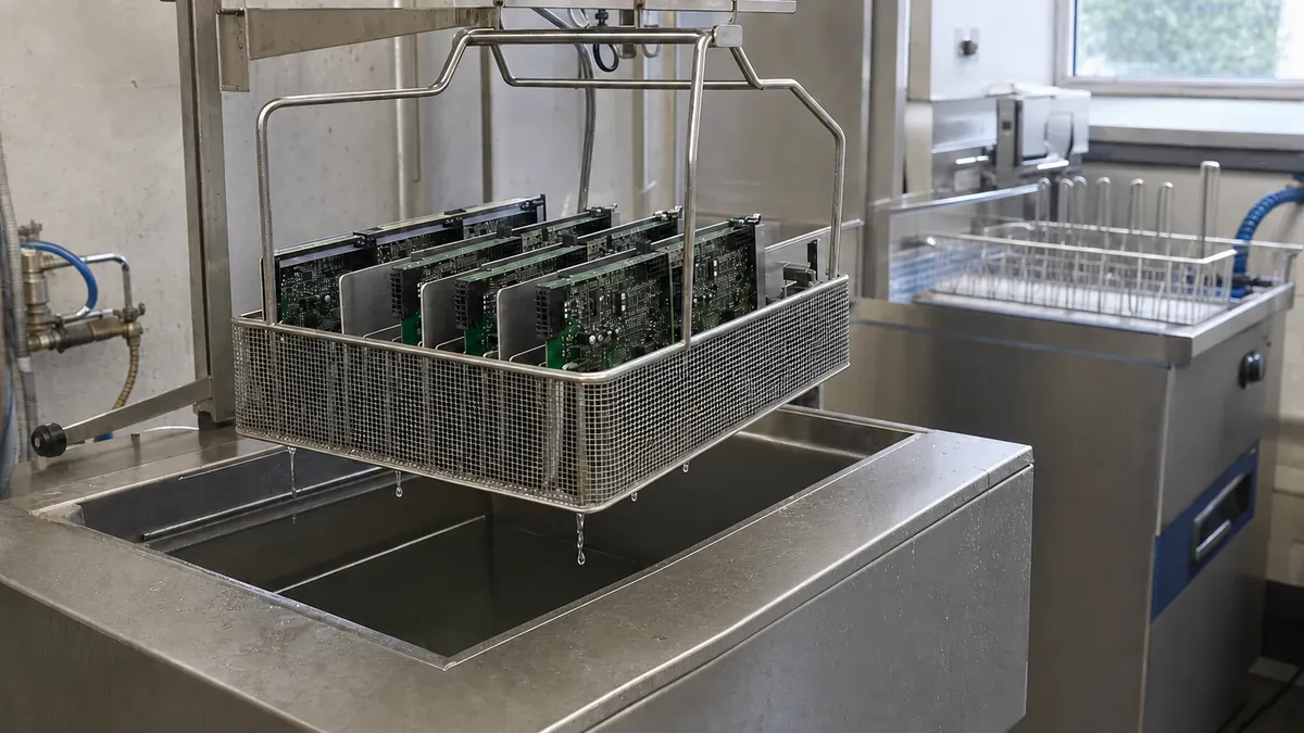 Elektronische Baugruppen in definierter Aufnahme über einem industriellen Ultraschallreinigungsbecken