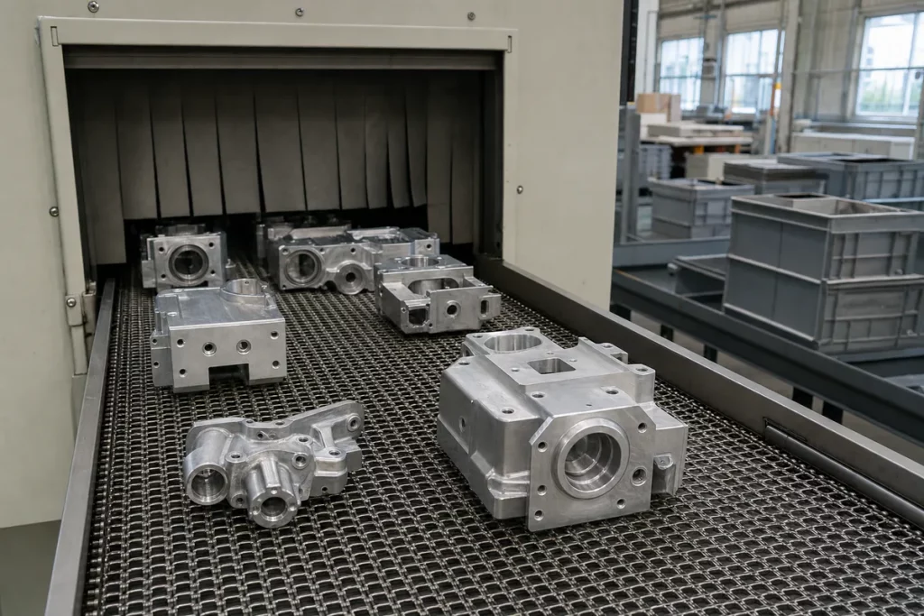 CNC-bearbeitete Bauteile auf dem Förderband einer Reinigungsanlage