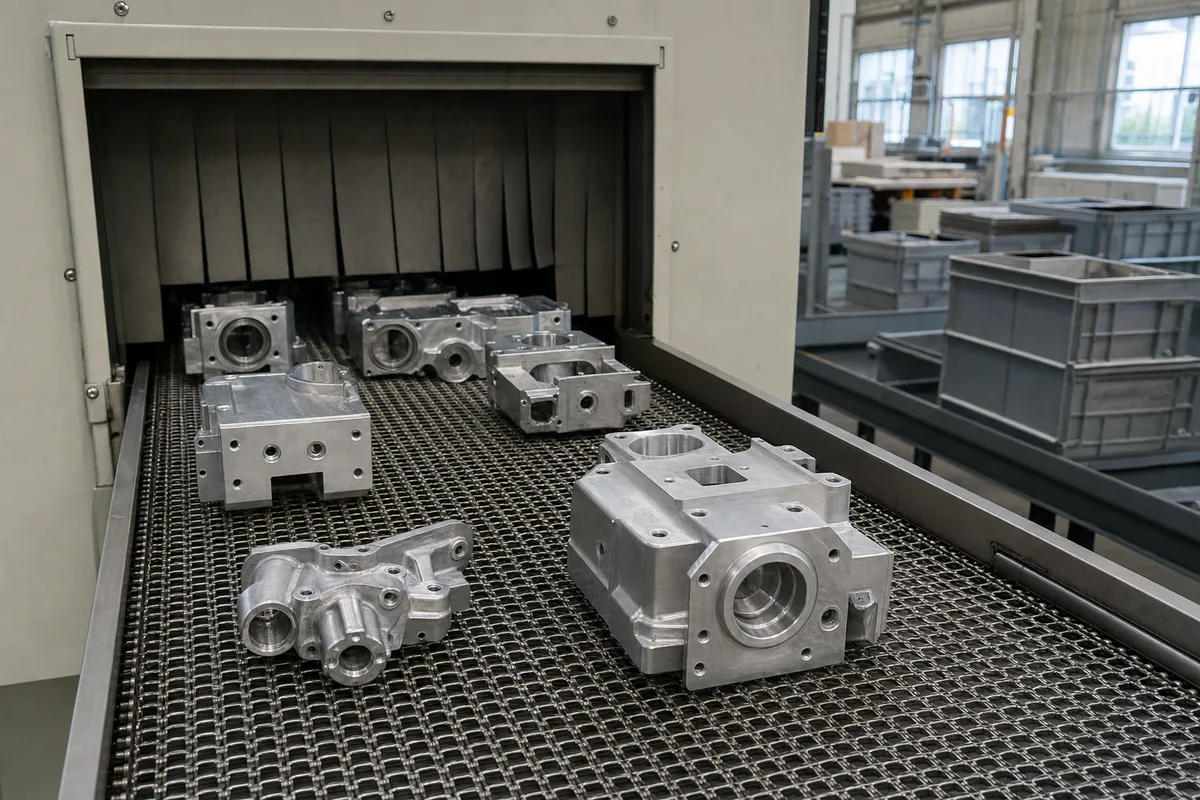 CNC-bearbeitete Bauteile auf dem Förderband einer Reinigungsanlage
