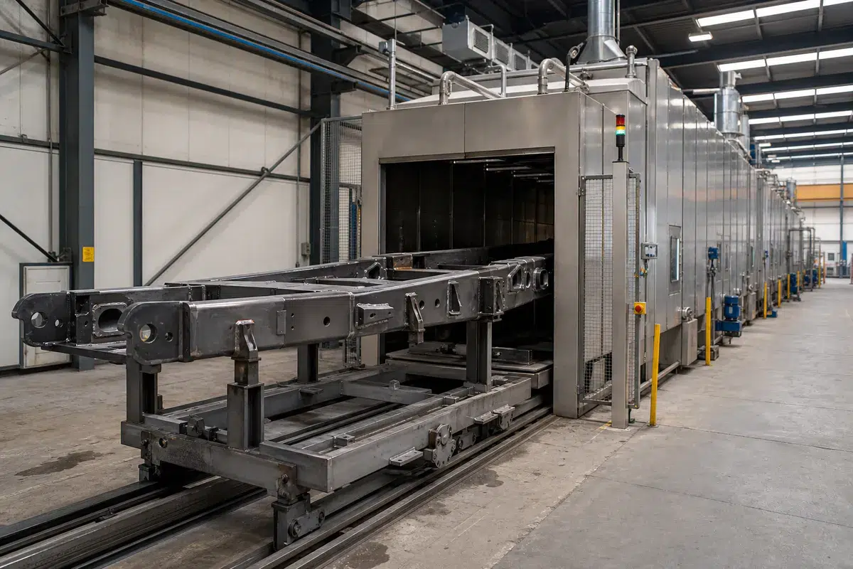 Große Produktionsteile in einer Reinigungsanlage vor der Lackierung