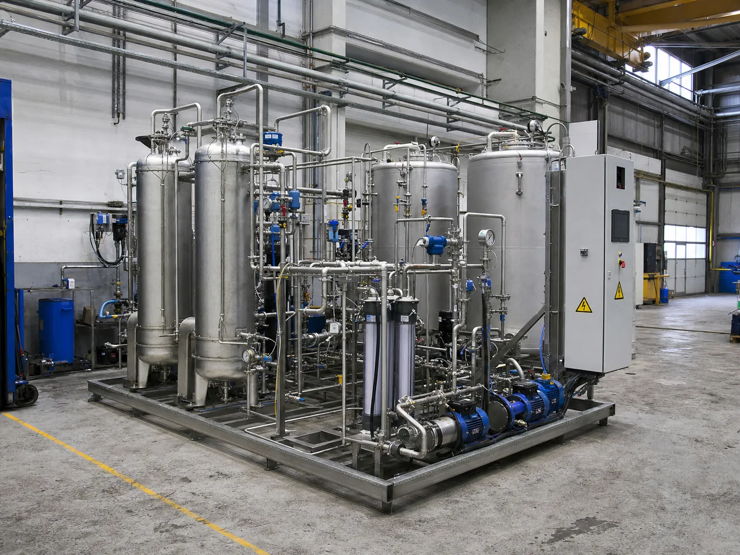 Modulare industrielle Wasser- und Badaufbereitungsanlage mit Filterbehältern, Pumpen und Rohrleitungen
