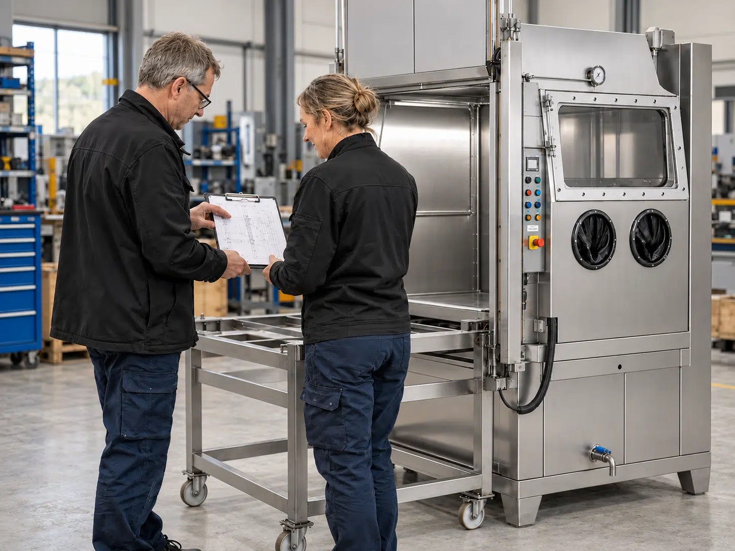 KI-visualisierte technische Besprechung zweier Fachkräfte an einer Frontlader-Reinigungsanlage