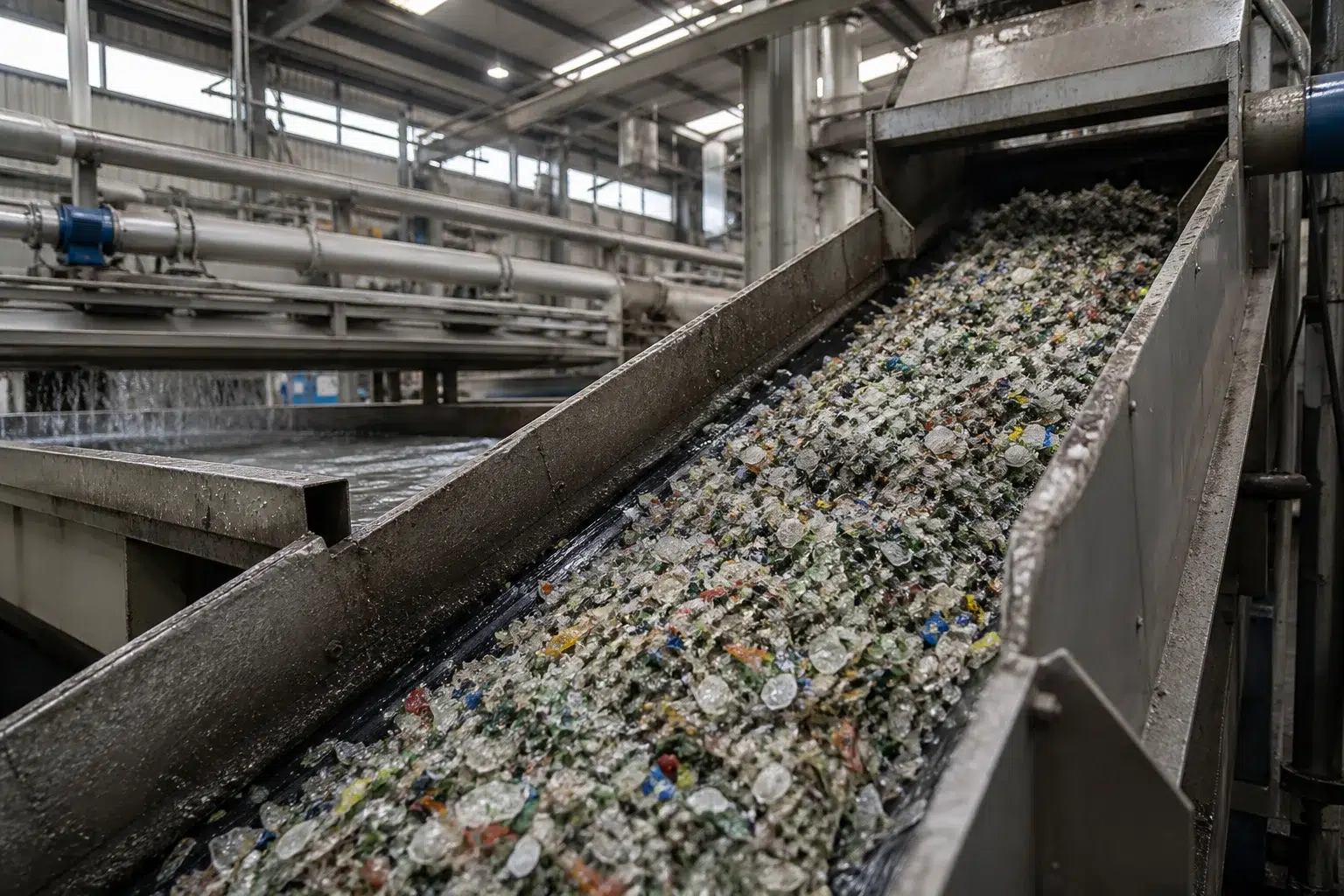 KI-Illustration: Recyclingmaterial auf einer Förderstrecke